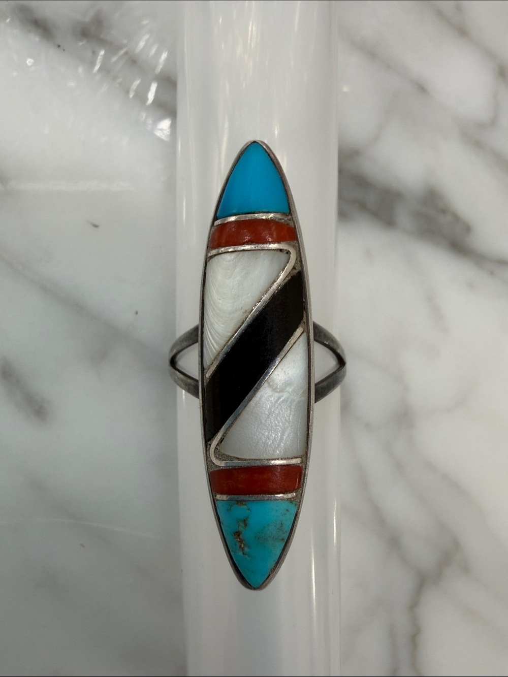 Zuni Sterling Inlay Marquise Ring with Turquoise, Coral & Mother of Pearl